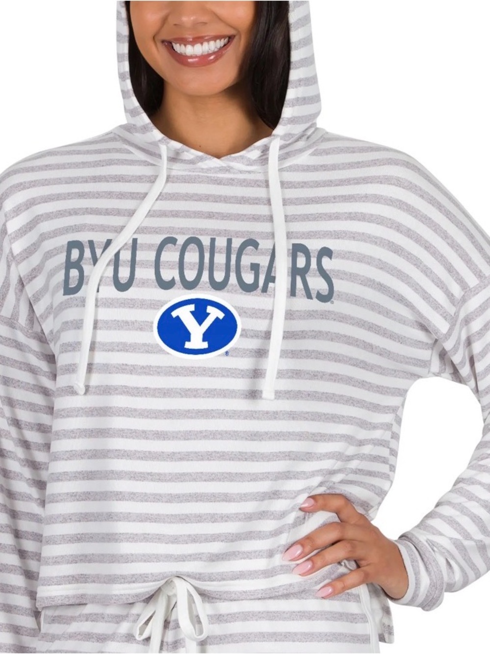 BYU Cougars Striped Hoodie Pullover in White & Gray
